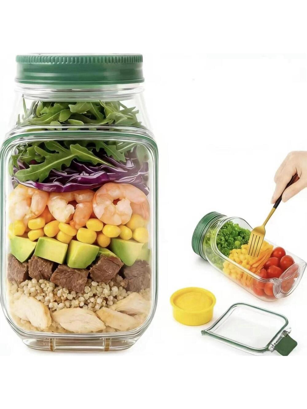 Reusable Leakproof Salad Jar w/ Side Opening, Portable Lunch Container BPA FREE